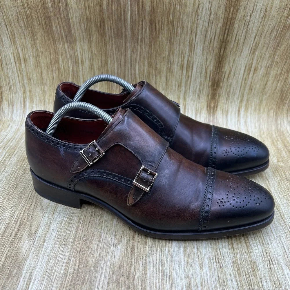 Magnanni Double Monk Strap Men's Size 9 Dark Brown Brogue Cap Toe Leather Spain